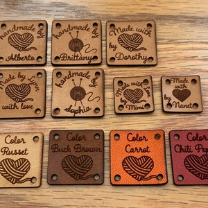 Custom Personalized Leather Labels - Square Tags for Knitting, Quilting, Sewing, Weaving, Handmade goods, your logo, made by tag