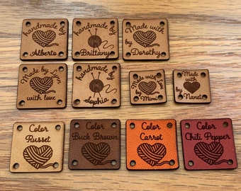 Custom Personalized Leather Labels - Square Tags for Knitting, Quilting, Sewing, Weaving, Handmade goods, your logo, made by tag