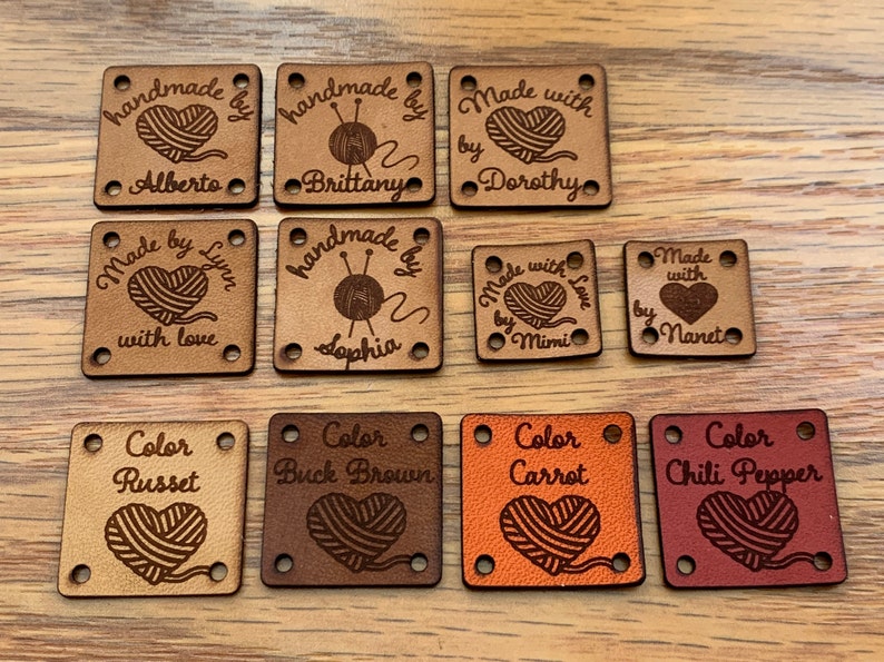Custom Personalized Leather Labels Square Tags for Knitting, Quilting, Sewing, Weaving, Handmade goods, your logo, made by tag image 1