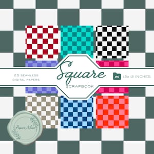 Puede incluir: Un álbum de recortes digital titulado "Square" con 25 papeles digitales sin costuras. La imagen muestra varios patrones cuadrados en rojo, turquesa, negro, marrón, azul y naranja, cada uno con un diseño de tablero de ajedrez. Los papeles miden 30,48 x 30,48 cm.