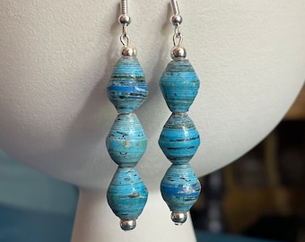 Blue paper roll bead earrings