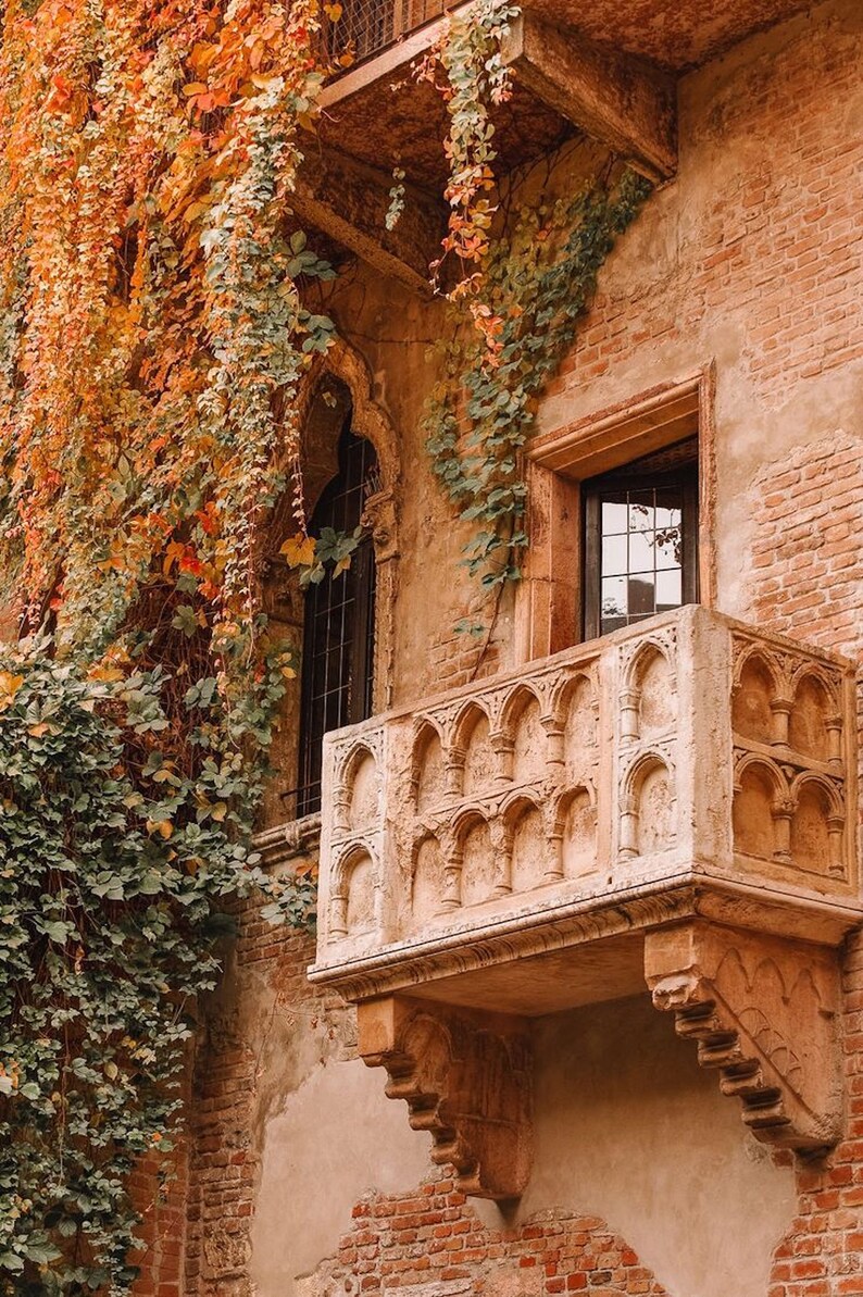 May include: A stone balcony with intricate carvings, surrounded by ivy and brick walls. The balcony is partially covered by a vine with orange and green leaves.