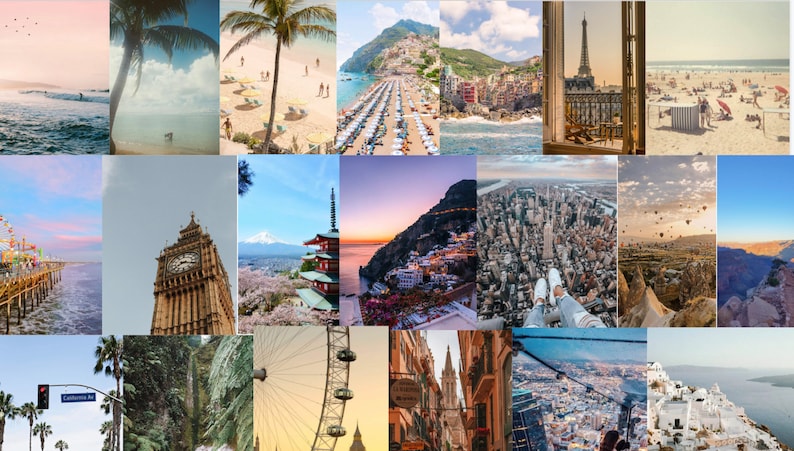 May include: A collage of travel photos featuring various destinations around the world, including beaches, cities, and landmarks. The photos showcase a variety of landscapes, cultures, and architectural styles.