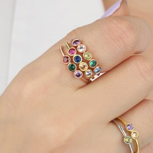 14K Solid Gold Birthstone Rings, Family Birthstone Ring For Mothers, Silver Multi Birthstone Ring, Gift For Her, Best Birthday Gift For Mom