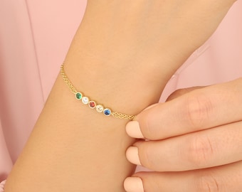 14K Solid Gold Birthstone Bracelet: Personalized Family Jewelry
