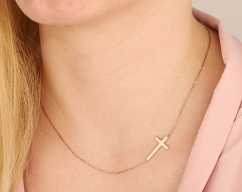Best Gifts For Mother's Day, 14K Gold Plated Sideways Cross Necklace For Women, Gifts For Mom, Silver Side Cross Necklace, Religious Jewelry