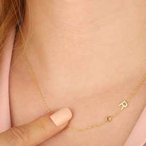 14K Gold Birthstone Briefhalskette, personalisiertes Geschenk für Mutter, 18K seitlich erste Halskette, Geburtstagsgeschenk, beste Geschenke für den Muttertag