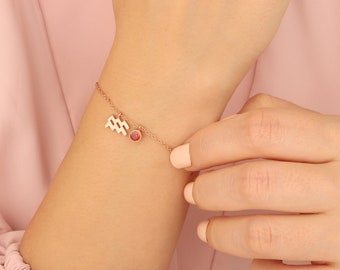 14K Gold Zodiac Birthstone Bracelet, Personalized Gifts, Silver Zodiac Sign Bracelet, Birthday Gift For Mothers, Best Birthday Gift For Mom