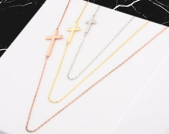Best Gifts For Mother's Day, 14K Gold Cross Necklace, Solid Gold Crucifix Pendant, Religious Gifts, Sideways Cross Necklace, Gift For Mom,