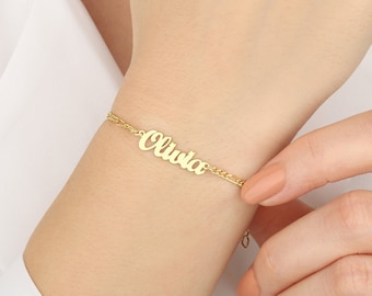 14K Gold Figaro Chain Name Bracelets, Silver Name Bracelets, Personalized Gifts For Mom, Birthday Gifts For Her, Best Birthday Gift For Mom