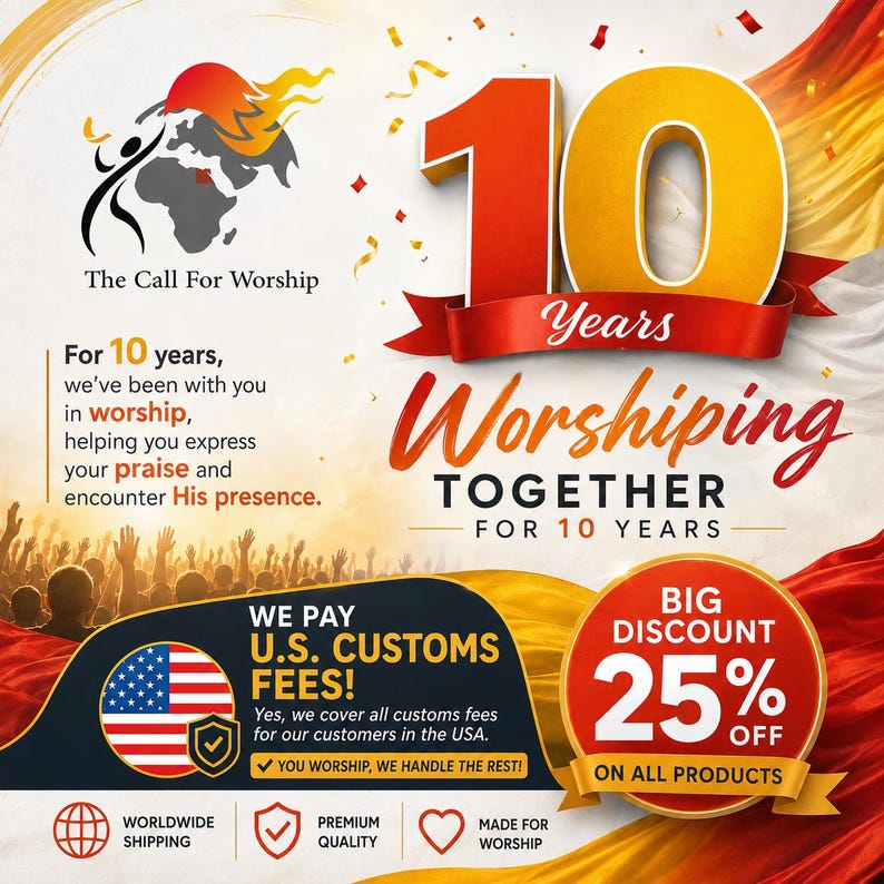 Op de afbeelding: Een promotionele afbeelding voor The Call For Worship met de tekst 10 Years Worshiping Together, een silhouet van een menigte en een 25% kortingsbadge. Het ontwerp bevat rode, gele en witte kleuren met een vlamlogo en VS-vlag.