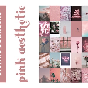 Op de afbeelding: Een digitale collage van afbeeldingen in roze en witte tinten. De afbeeldingen omvatten bloemen, palmbomen, een roze kristal, een gloeilamp en tekst die zegt "Denk anders", "Liefde", "Maak vandaag de dag belangrijk", "Alleen goede vibes" en "Is dit gewoon fantasie".