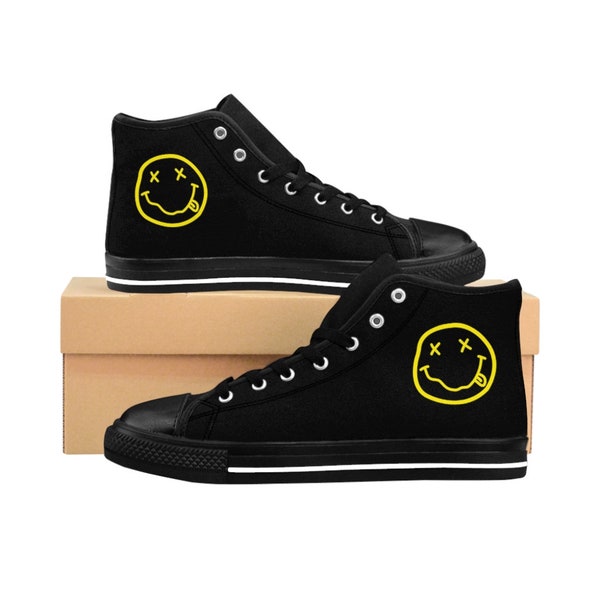 Custom Nirvana Shoes | Nirvana Smiley Face Hightop Converse Style Sneakers | Kurt Cobain Shoes