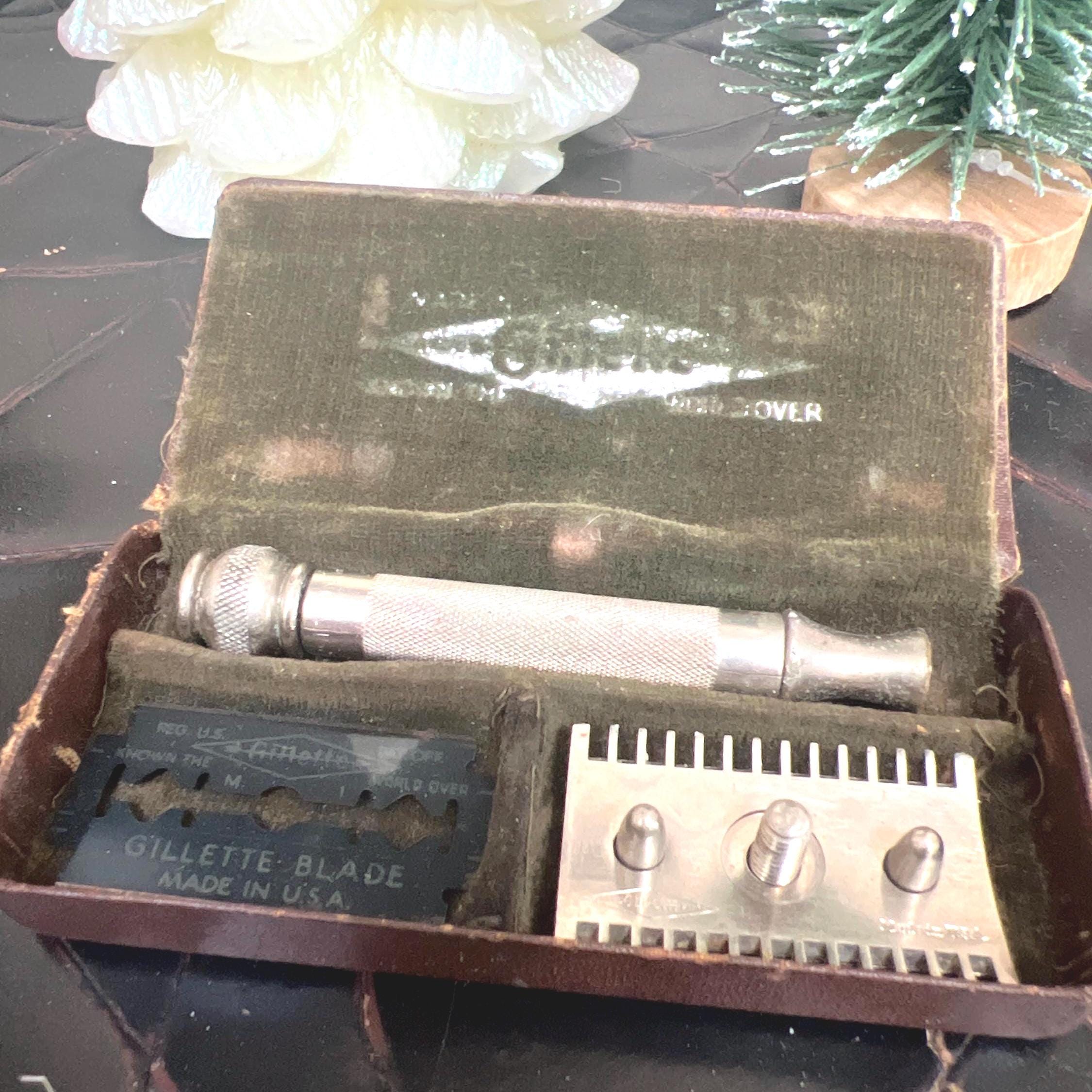 Vintage Gillette Safety Razor Set * 1920s Travel Shaving Kit * Open Comb Razor * Original Case * Men's Grooming Collectible * Made in USA