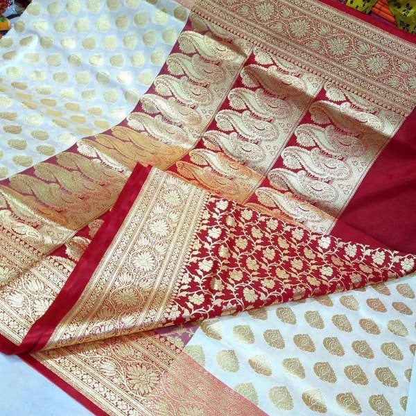 Puja Special Rich Weaving Katan BANARASI Saree with  Contrast Pallu and Golden Brocade Weaving Border