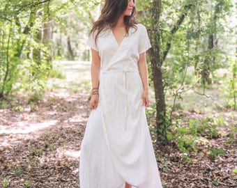 White Organic Cotton Long Dress, Natural Earthy, Banana Fiber, Sustainable, Comfortable, Adjustable Size, Flowy