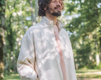 Handvävd ekologisk bomullsjacka, naturligt miljövänligt tyg, bekväm och slitstark, ofärgad, hållbar