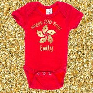 Short or Long Sleeve Custom Red Egg and Ginger Onesie With Hong Kong Flower