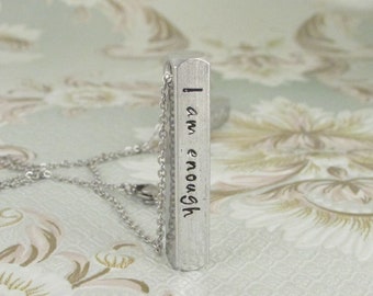 I Am Enough Bar Necklace, Stamped I Am Enough Name Pendant, Motivational Gift, Feminist Gift, Feminist Message Pendant, Feminist Jewelry