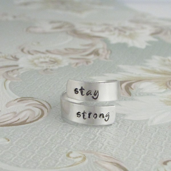 Stay Strong Twist Wrap Ring, Inspirational Ring, Stay Strong Hand Stamped Aluminum Ring, Spiral Ring, My Story Isn't Over, Recovery Ring