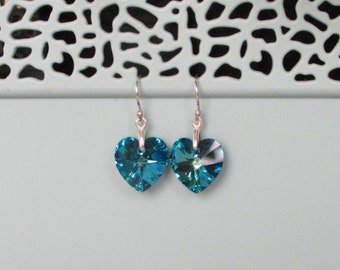 Blue Heart Silver Earrings, Sparkly Crystal Heart Drop Earrings, Sterling Silver Earring Gift, Blue Austrian Crystal Earrings, Unique Gift