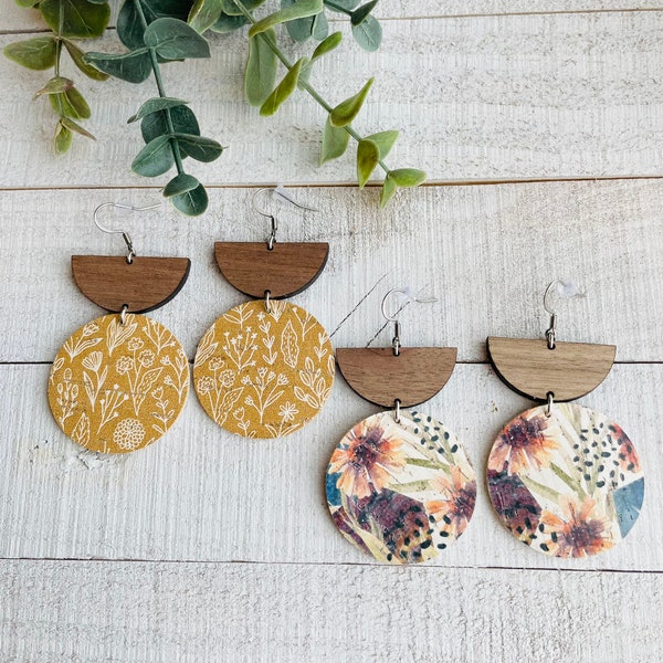 Wood 1/2 Circle with Leather & Cork | Christmas Gift for Her | Gift Under 20 | Circle Earrings | Leather | Cork | Earrings | Handcrafted