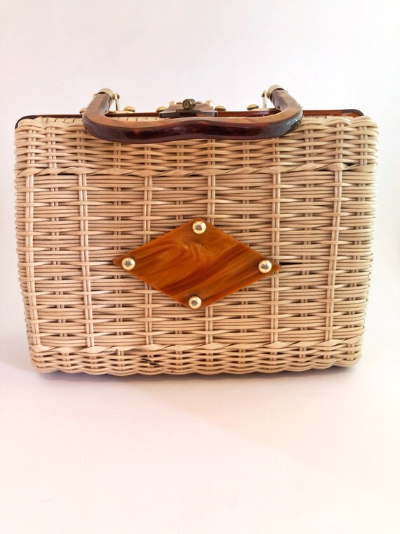 Vintage Wicker & Lucite Mid-Century Handbag (Hong