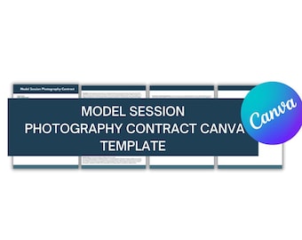 Könnte beinhalten: Eine blaue und weiße Canva-Vorlage für einen Model-Session-Fotografievertrag. Der Text lautet "Model Session Photography Contract Canva Template".