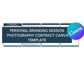 Könnte beinhalten: Eine blaue und weiße Vorlage für einen persönlichen Branding-Fotografie-Vertrag. Der Text "PERSONAL BRANDING SESSION PHOTOGRAPHY CONTRACT CANVA TEMPLATE" wird in Weiß auf einem dunkelblauen Hintergrund angezeigt.