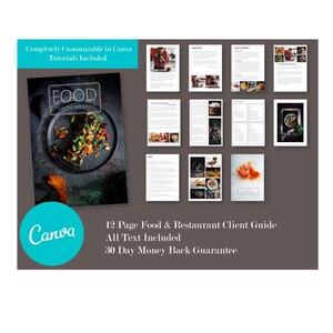 以下が含まれることがあります： 表紙に「FOOD PHOTOGRAPHY」の文字が入った、12ページのレストランとフードクライアントガイド。 Canvaでカスタマイズ可能で、チュートリアルが含まれています。 画像は料理の盛り合わせとフードフォトグラフィーの例を示しています。