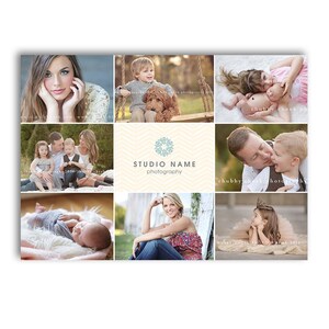 May include: A photography promo card with a collage of images featuring children and families. The card is 5x7 inches and has a light blue and white chevron pattern with the text "STUDIO NAME photography" in the center. The card also includes the text "chubby cheek photography" and "FOTOVELLA" in pink.