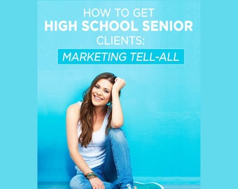 May include: A young woman sits on a blue floor, leaning against a bright blue wall. She is wearing a white tank top, blue jeans, and turquoise sneakers. The text on the wall reads "How to Get High School Senior Clients: Marketing Tell-All".