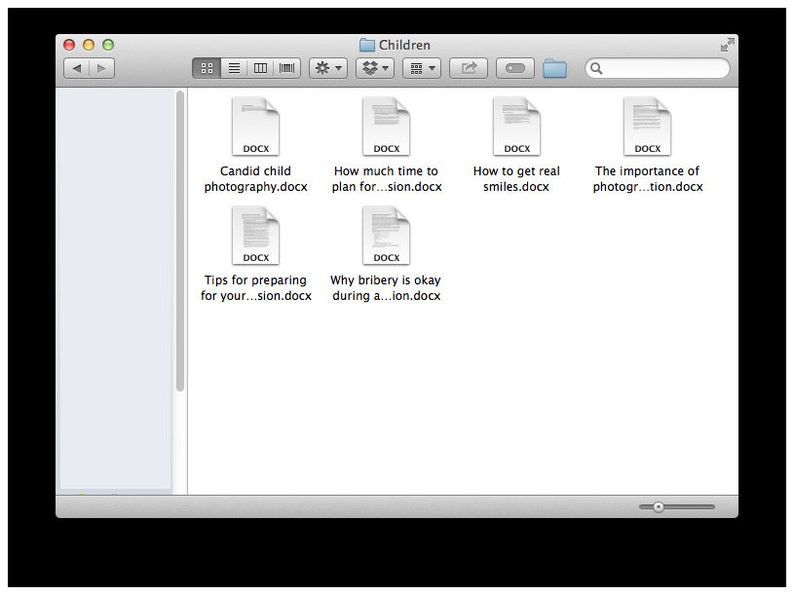 May include: A computer screen displaying a folder titled "Children" with several Microsoft Word documents, including "Candid child photography.docx", "How much time to plan for...sion.docx", "How to get real smiles.docx", "The importance of photogr...tion.docx", "Tips for preparing for your...sion.docx", and "Why bribery is okay during a...ion.docx".