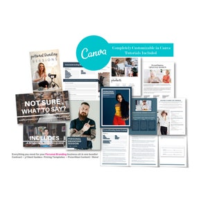 May include: A collection of printable documents for a personal branding business. The documents include a contract, client guides, pricing templates, prewritten content, and a session planning guide. The documents are customizable in Canva and include tutorials. The text "Not Sure What To Say?" is featured on one of the documents.