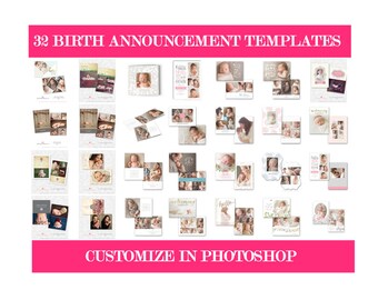 Ensemble de 32 modèles d'annonce de naissance pour les photographes, PSD, photographie de nouveau-né, naissance, Photoshop