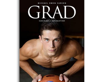 May include: A black and white graduation announcement with the text "GRAD" in large white letters. The announcement also includes the name "MICHAEL OWEN CARSON", the text "CLASS OF 2021 // NAPA VALLEY HIGH", and a photo of a young man holding a football.