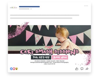 Cake Smash Sessions Plantillas de Marketing para Fotógrafos, Cake Smash Photography Mini Plantillas de Sesión, Plantillas PSD
