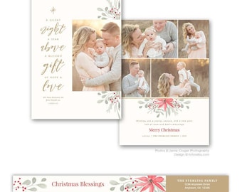 May include: A Christmas card featuring a family photo collage with a festive watercolor border. The card includes the text "A silent night, a star above, a blessed gift of hope & love." and "Merry Christmas, The Sterling Family 2018".