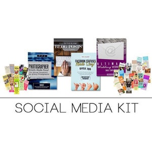 May include: A collection of marketing materials, including books and flyers, with the text "SOCIAL MEDIA KIT." The books cover topics like blog posts, Facebook statuses, and email templates. The flyers are colorful and feature various designs.