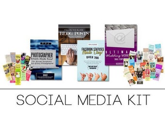 Kit de redes sociales para fotografía, gráficos de marketing para fotógrafos, plantillas de correo electrónico, publicaciones de blog, estados de Facebook y paquete de flujo de trabajo para bodas.