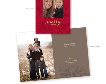 May include: A folded holiday card with a red floral design on the front cover and the text "merry Christmas". The inside spread features a family photo with the text "warm wishes for a wonderful holiday".
