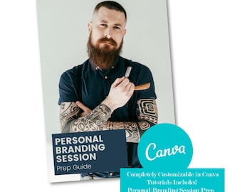 May include: A blue and white guide for a personal branding session. The guide is customizable in Canva and includes tutorials. The image features a man with a beard and tattoos holding a straight razor.