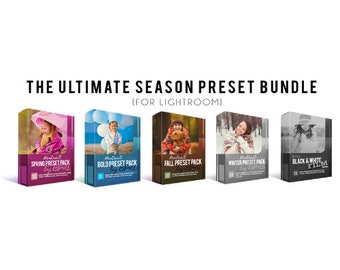 May include: A set of five Lightroom preset packs for photographers, each featuring a different season: Spring, Bold, Fall, Winter, and Black & White Film. Each pack includes a variety of presets to enhance photos.