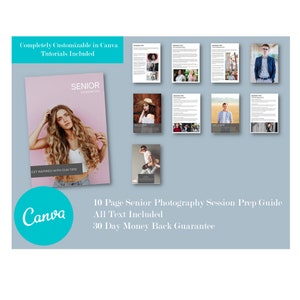 May include: A 10-page guide for senior photography sessions, with tips and examples. The guide is customizable in Canva and includes all text. It also offers a 30-day money-back guarantee.