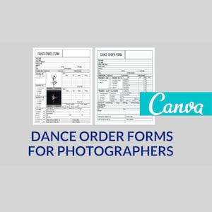 Op de afbeelding: Twee zwart-witte dansbestelformulieren met een ballerina-afbeelding op het linkerformulier. De formulieren hebben secties voor klantgegevens, danspakket-opties en prijzen. De tekst "DANSBESTELFORMULIEREN VOOR FOTOGRAFEN" staat onderaan de afbeelding.