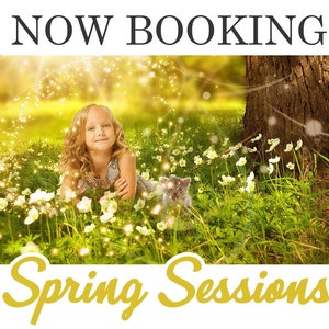 Peut inclure: Une jeune fille aux longs cheveux blonds est assise dans un champ de fleurs blanches avec un petit chaton gris. L'arri&egrave;re-plan est une image floue d'un arbre et d'un ciel ensoleill&eacute;. Le texte "NOW BOOKING Spring Sessions" est en haut et en bas de l'image.
