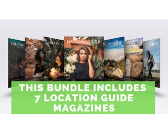 May include: A bundle of seven location guide magazines with colorful covers featuring various landscapes and people. The text on the covers reads "Location Guide".
