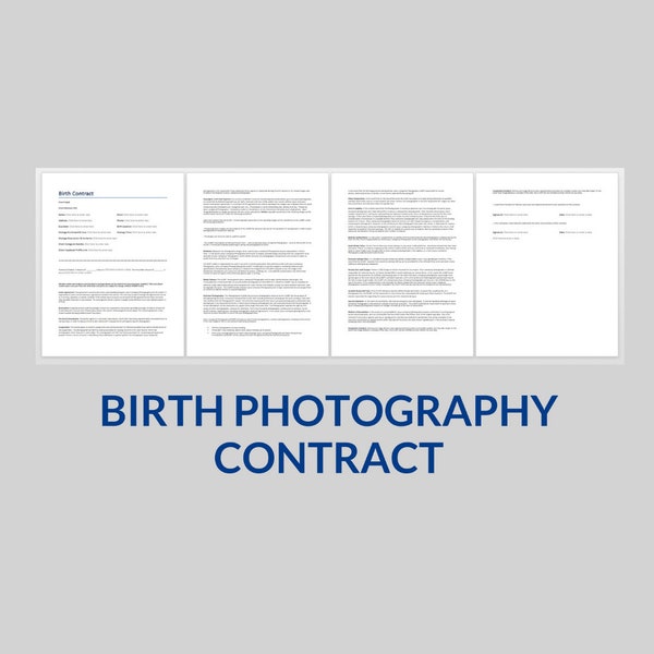 Birth Photography Contract for Birth Photographers, Contract Template, Word Template