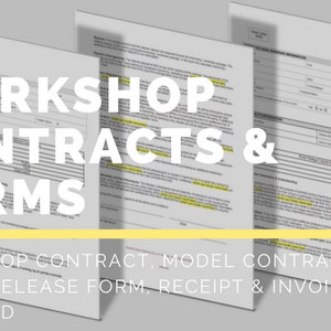 May include: Three white paper documents with the text "WORKSHOP CONTRACTS & FORMS" in large white letters. The documents include a workshop contract, model contract, photo release form, receipt, and invoice. A yellow line underlines the text.