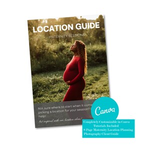 Könnte beinhalten: Ein Leitfaden für Schwangerschaftsfotoshootings mit einer schwangeren Frau in einem roten Kleid, die auf einem Feld steht. Der Leitfaden trägt den Titel "Location Guide" und enthält den Text "Get inspired with our location ideas!" und "Completely Customizable in Canva. Tutorials Included. 8 Page Maternity Location Planning Photography Client Guide."